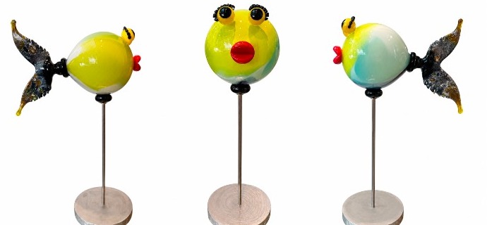 Poisson bulle bleu et vert - Sculpture en verre souffé - H 50 x L 35 cm